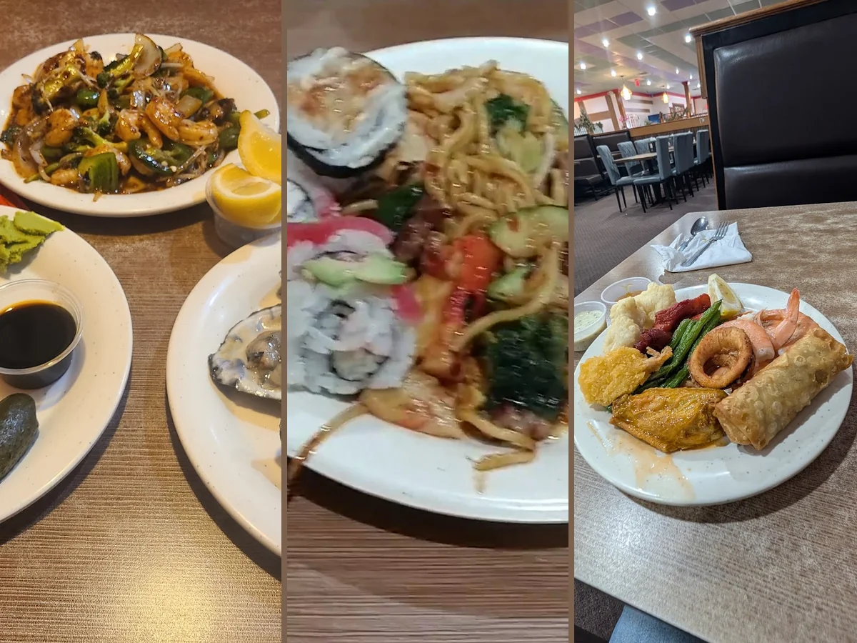 Chinese and Japanese dishes displayed under warm lights
