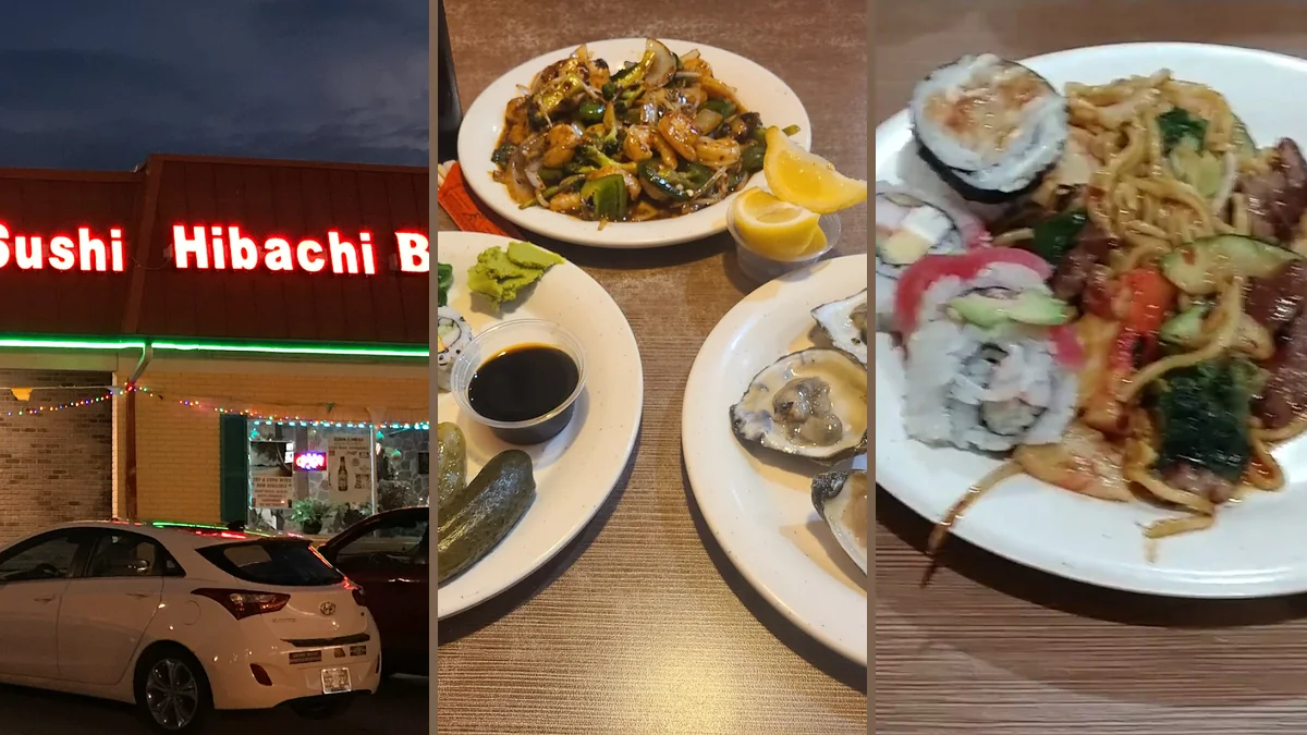 Buffet trays lined with sushi and hot dishes